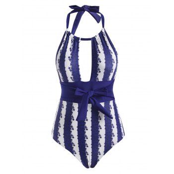 

Vertical Striped Floral Halter Cutout Backless One-piece Swimsuit, Deep blue