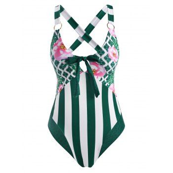 

Flower Striped Leopard Bowknot O Ring Criss Cross One-piece Swimsuit, Deep green