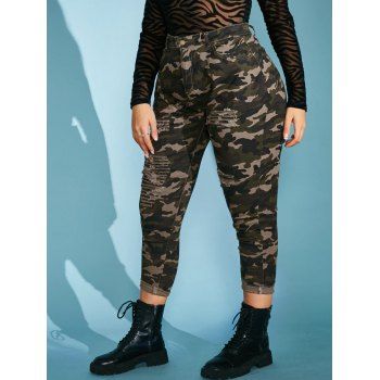 

Plus Size Camo Ripped High Rise Pocket Jeans, Light green