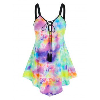 

Plus Size Lace Up Tassel Tie Dye Tank Top, Multicolor