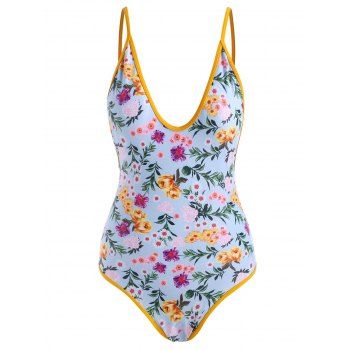 

Floral Contrast Binding Backless One-piece Swimsuit, Multicolor