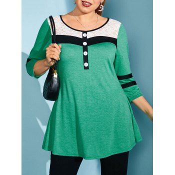 

Lace Panel Button Front Stripes Panel Plus Size Top, Green