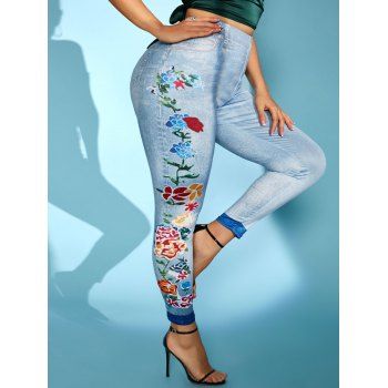 

Plus Size Flower 3D Jean Printed High Waisted Jeggings, Blue