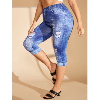 

Plus Size 3D Ripped Print Crop Jeggings, Blue