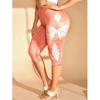 

Plus Size Flower Butterfly 3D Print Crop Jeggings, Orange