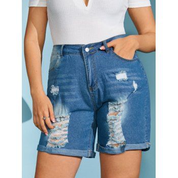 

Ripped Cuffed Hem Plus Size Denim Shorts, Blue