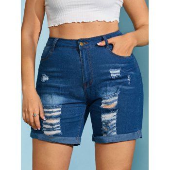 

Ripped Cuffed Hem Plus Size Denim Shorts, Deep blue