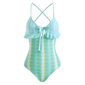 

Striped Floral Bowknot Lace Up Ruffle One-piece Swimsuit, Multicolor