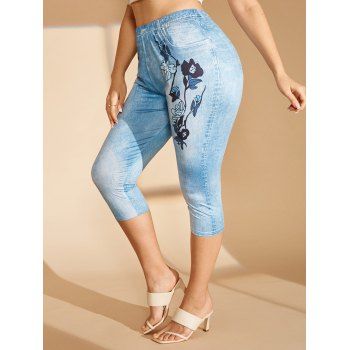 

Plus Size Flower 3D Jean Print Cropped Jeggings, Light blue