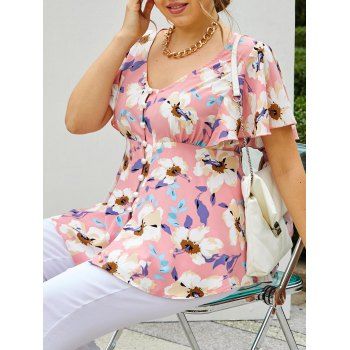 

Plus Size Flower Butterfly Sleeve High Low Blouse, Light pink