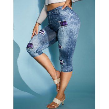 

Plus Size 3D Ripped Jean Print Skinny Capri Jeggings, Deep blue