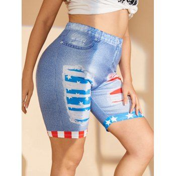 

Plus Size 3D Denim Ripped Print American Flag Cycling Shorts, Blue