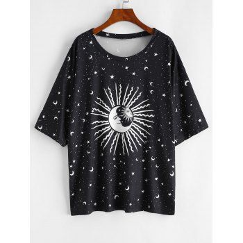 

Plus Size Sun Star Moon Print Tee, Black