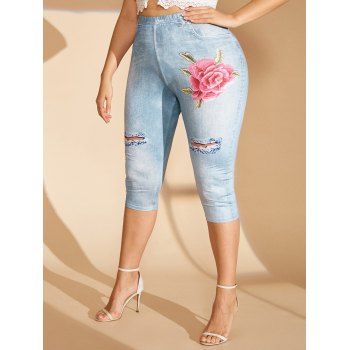 

Plus Size 3D Jean Pattern Flower Capri High Rise Jeggings, Light blue