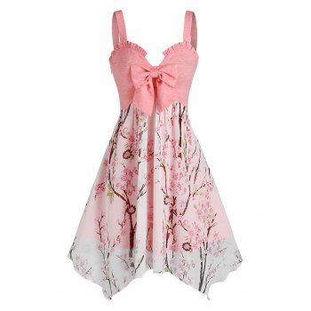 

Bowknot Ruffle Flower Branch Printed Irregular Dress, Light pink