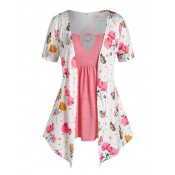 

Plus Size O Ring Flower Butterfly Print 2 in 1 T Shirt, Multicolor