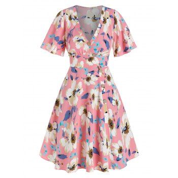 

Buttons Flower Pattern Flare Sleeve Dress, Light pink