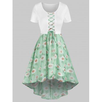 

Floral Print Chiffon Insert High Low Twofer Dress, Light green