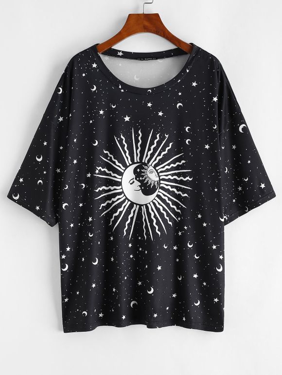 T-shirt Etoile Lune et Soleil Imprimés de Grande Taille - Noir 3XL