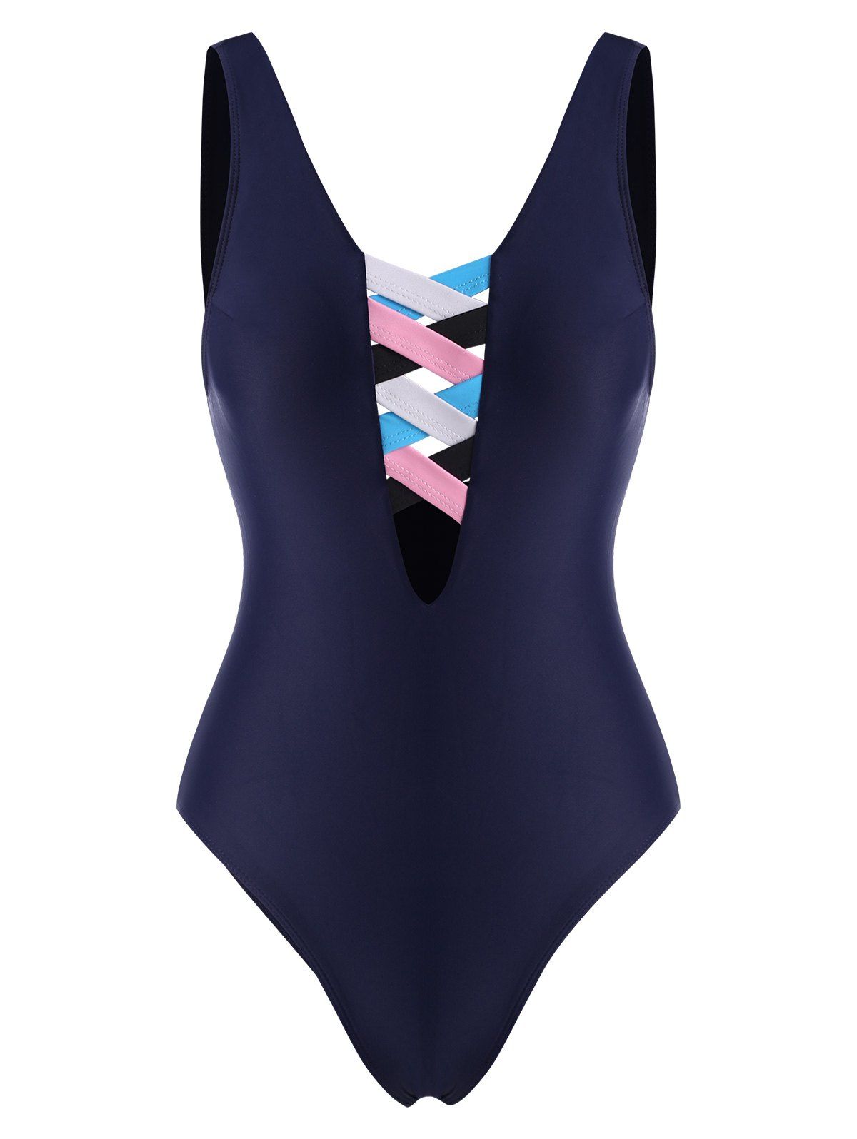 Colorblock Criss Cross Open Back One-piece Swimsuit - DEEP BLUE XL