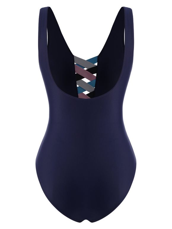 Maillot de Bain Croisé Ouvert en Arrière en Blocs de Couleurs Une-Pièce - Bleu profond M