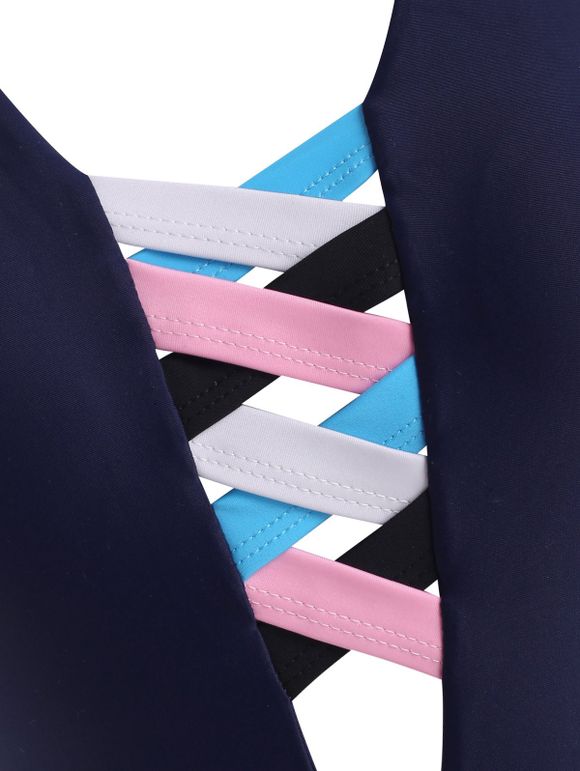 Maillot de Bain Croisé Ouvert en Arrière en Blocs de Couleurs Une-Pièce - Bleu profond M