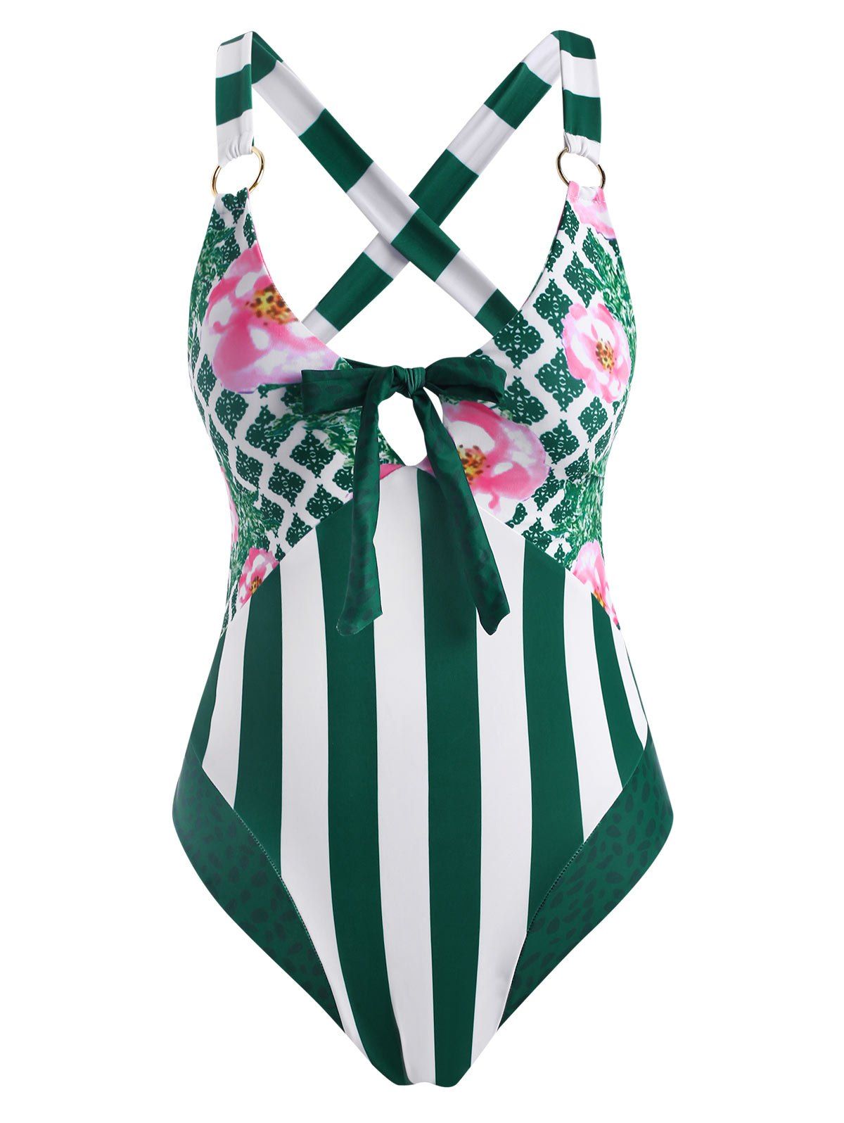 Flower Striped Leopard Bowknot O Ring Criss Cross One-piece Swimsuit - DEEP GREEN M