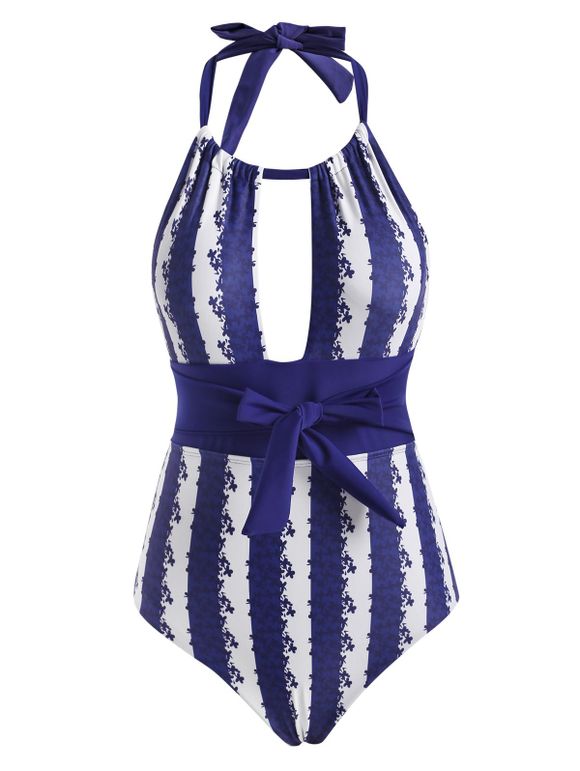 Vertical Striped Floral Halter Cutout Backless One-piece Swimsuit - DEEP BLUE L