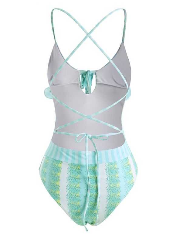 Maillot de Bain Rayé Fleuri avec Nœud Papillon à Lacets Une-Pièce - multicolor S