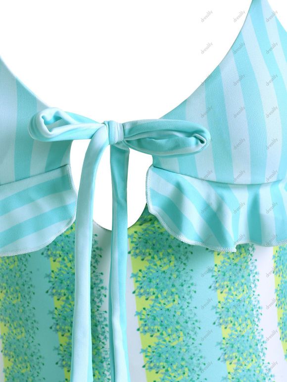Maillot de Bain Rayé Fleuri avec Nœud Papillon à Lacets Une-Pièce - multicolor S