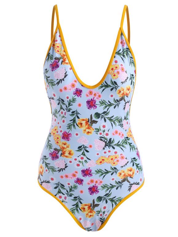 Floral Contrast Binding Backless One-piece Swimsuit - multicolor M