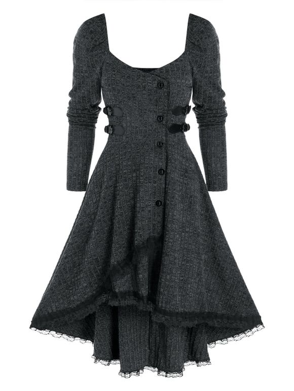 Robe Côtelée Haute Basse à Ourlet en Dentelle avec Bouton - Gris Carbone 2XL
