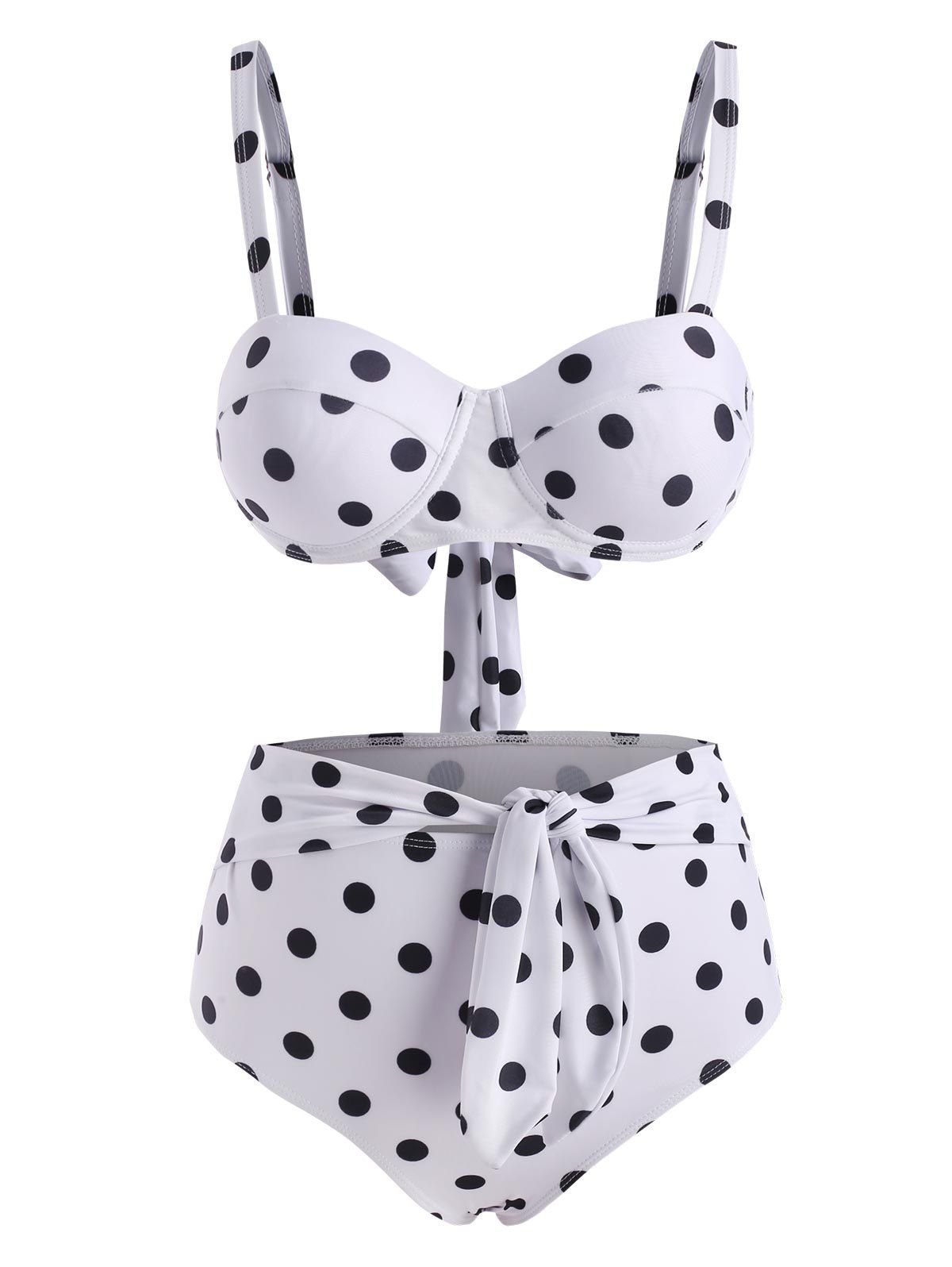 Polka Dot Tied Moulded High Waisted Bikini Swimwear - WHITE L