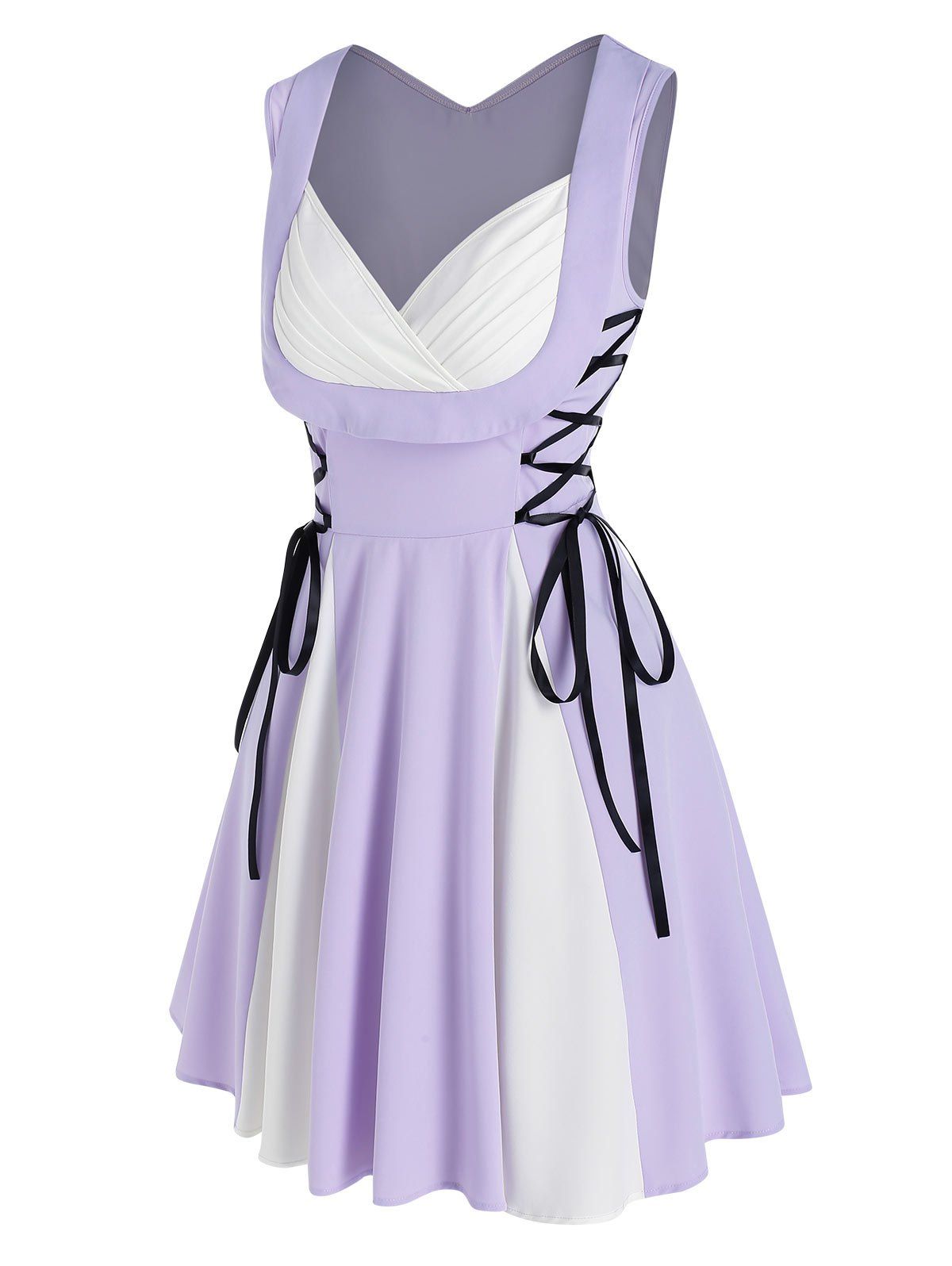 Sleeveless Lace-up Contrast Faux Twinset Dress - LIGHT PURPLE M