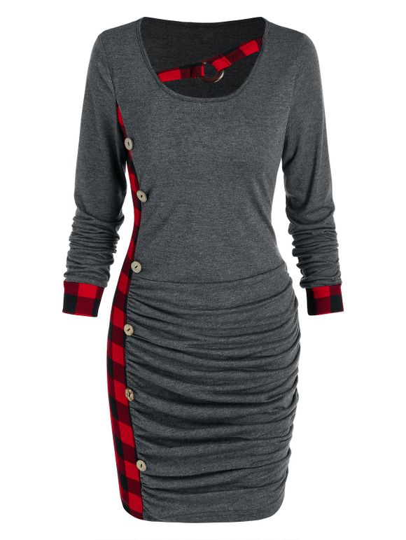Robe Moulante à Carreaux à Volants - Gris Foncé 3XL