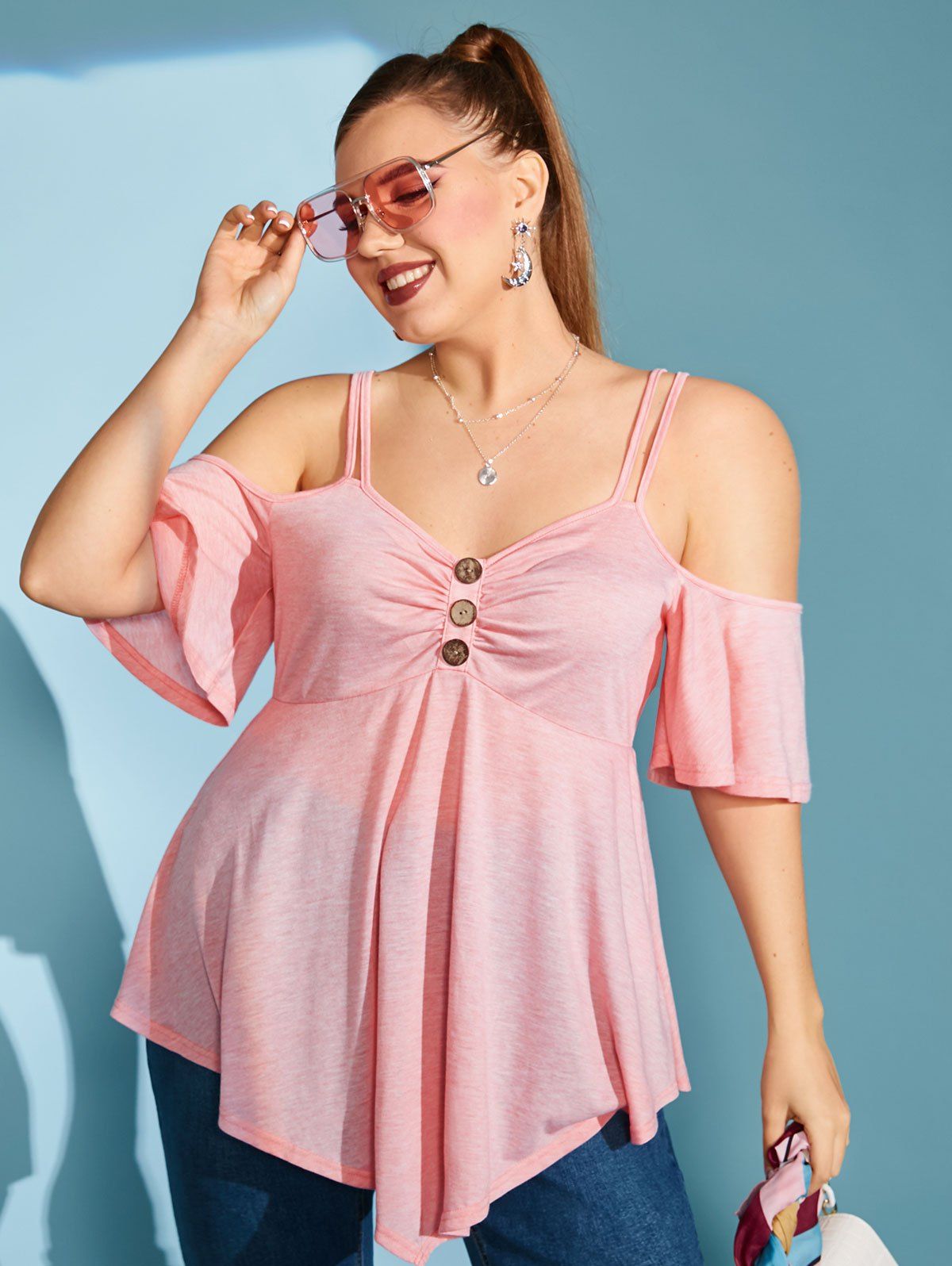 pink cold shoulder tops plus size
