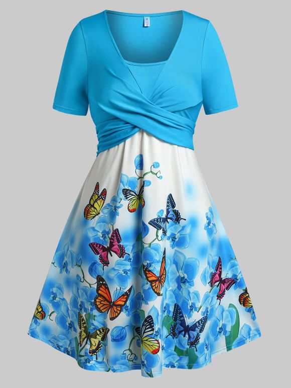 Robe Croisée Florale à Imprimé Papillon Grande Taille - Bleu 2X