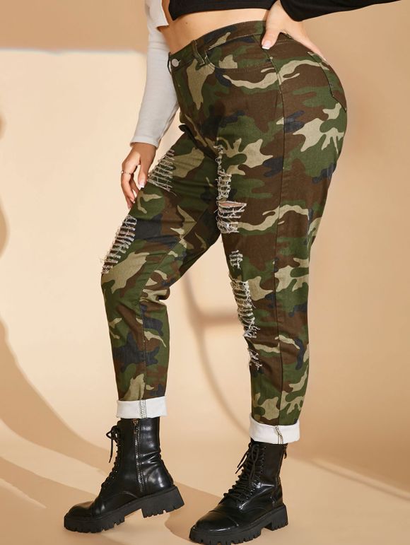 Pantalon Déchiré Teinté Camouflage de Grande Taille - Vert profond XL
