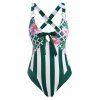 Flower Striped Leopard Bowknot O Ring Criss Cross One-piece Swimsuit - DEEP GREEN M