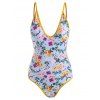 Floral Contrast Binding Backless One-piece Swimsuit - multicolor M