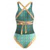 Floral Speckled Lace Up Backless One-piece Swimsuit - LIGHT GREEN XL