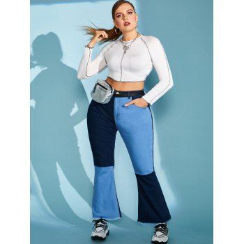 Plus Size Contrast Bicolor Frayed Hem Flare Jeans