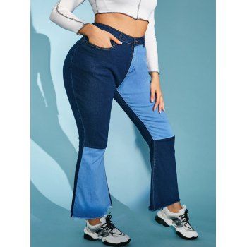 

Plus Size Contrast Bicolor Frayed Hem Flare Jeans, Blue
