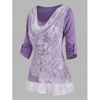 

Lace Insert Cowl Front Roll Up Sleeve T Shirt, Purple