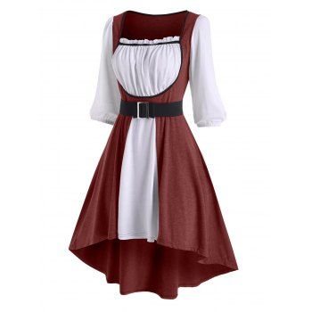 

Colorblock Ruffle Belted High Low Dress, Deep red