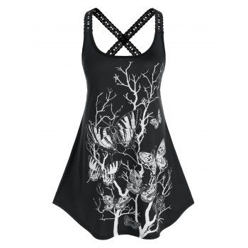 

Plus Size Crisscross Butterfly Branch Print Lace Crochet Tank Top, Black