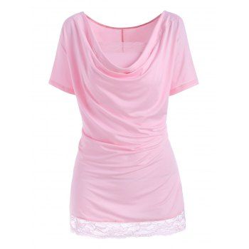 

Plus Size Cowl Front Lace Hem T-shirt with Tube Top Set, Light pink