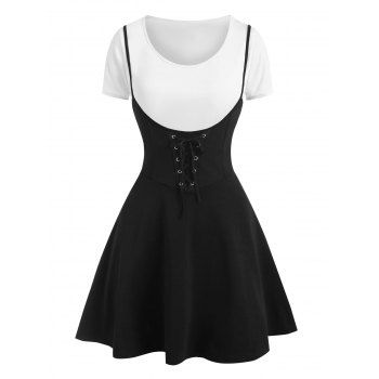 

Colorblock Lace Up Two Piece Suspender Skirt Set, Black
