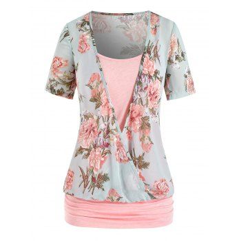 

Plus Size Floral Print Ruched Faux Twinset Blouse, Multicolor