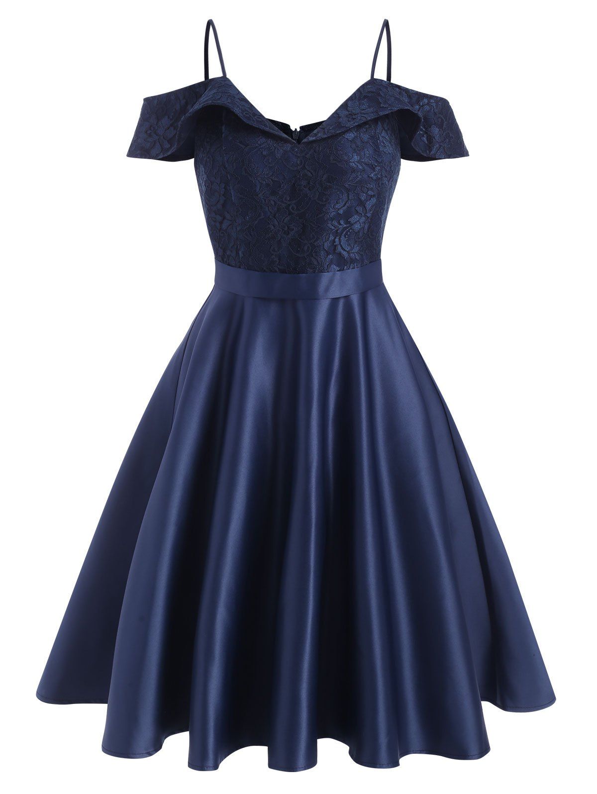 Flower Lace Cold Shoulder Foldover Cami Dress - DEEP BLUE L